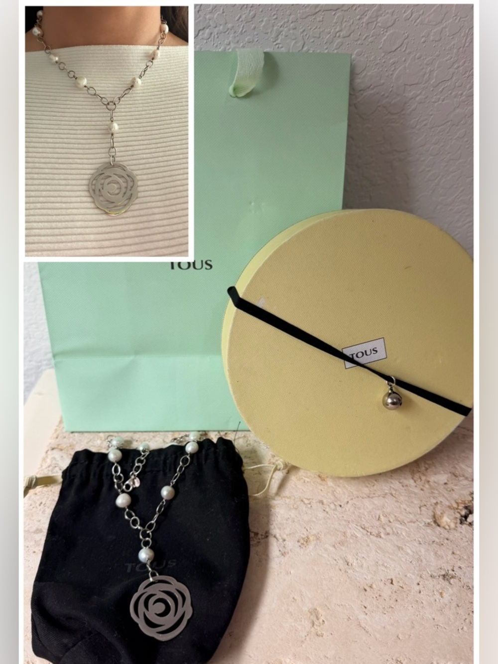TOUS Rosa d’Abril Adjustable 925 Silver Necklace w/ Pearls & Rose Pendant + Box